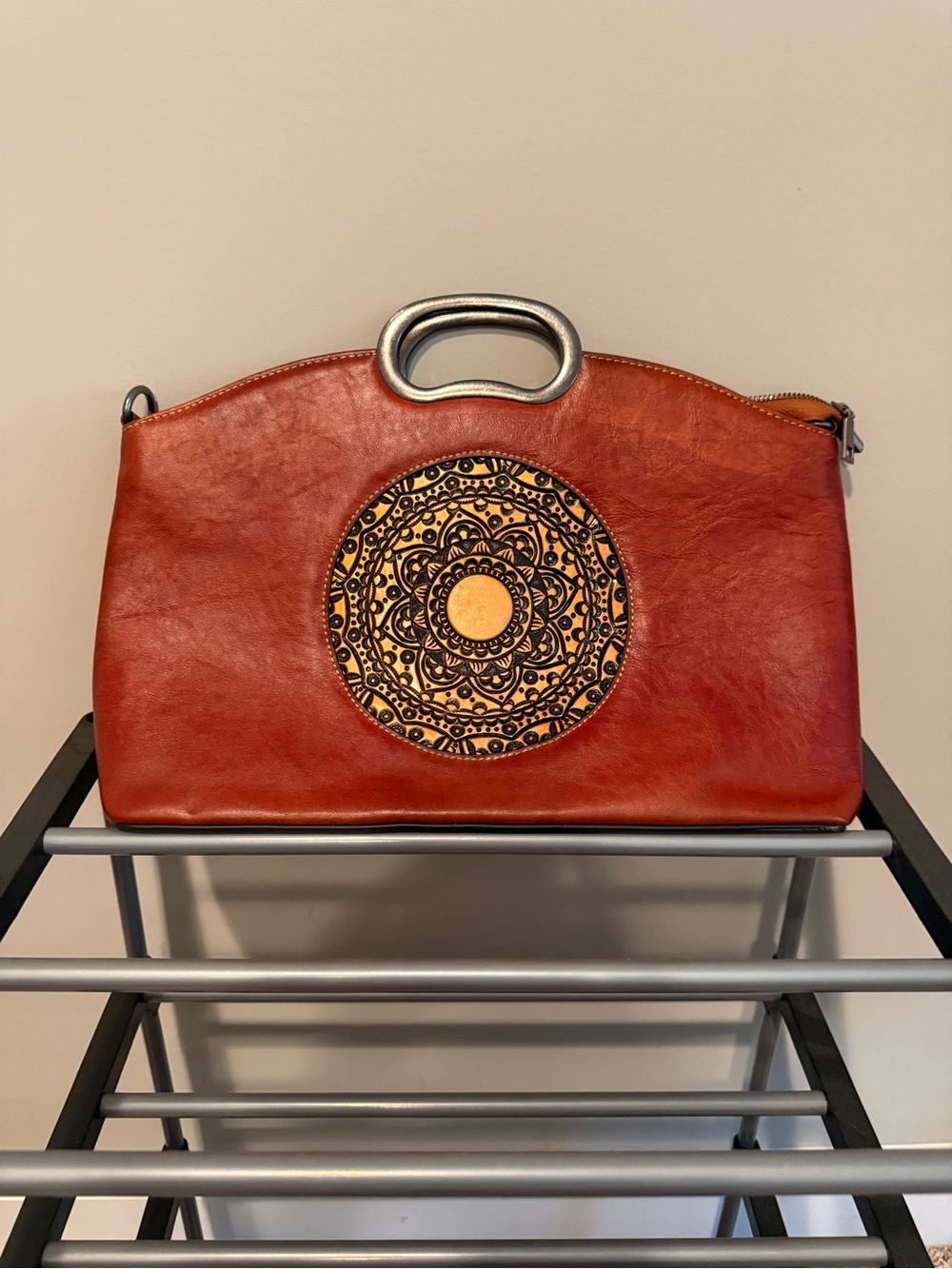 Women's Red Genuine Leather Satchel with Decorative Medallion
